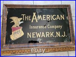 Vintage American Insurance Co Sign Newark New Jersey NJ Reverse Painted Glass