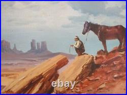 Vintage American Landscape With Cowboy Desert Horse Rock Formations Western Art