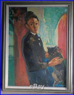 Vintage American Modern Painting Portrait Young Man Boy Black Cat Carol Wald