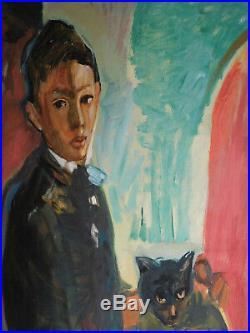 Vintage American Modern Painting Portrait Young Man Boy Black Cat Carol Wald