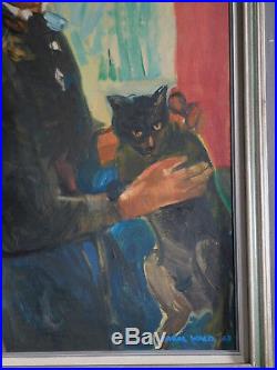 Vintage American Modern Painting Portrait Young Man Boy Black Cat Carol Wald