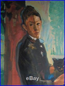 Vintage American Modern Painting Portrait Young Man Boy Black Cat Carol Wald