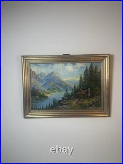 Vintage American Oil Painting Mountain Cabin Landscape Framed Signed