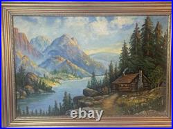 Vintage American Oil Painting Mountain Cabin Landscape Framed Signed