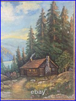 Vintage American Oil Painting Mountain Cabin Landscape Framed Signed