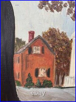 Vintage American Original Folk Art Landscape Painting Farm Town MCM Cottage 24