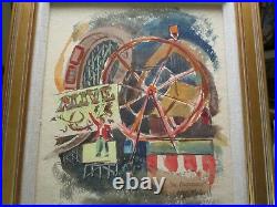 Vintage American Painting Circus Fair Festival Rides Regionalism 1940's Signed