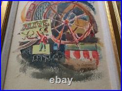 Vintage American Painting Circus Fair Festival Rides Regionalism 1940's Signed