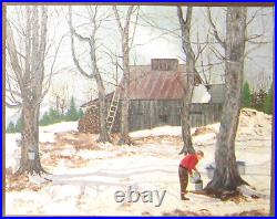 Vintage American School oil painting Vermont snowy rural landscape, signed