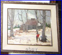Vintage American School oil painting Vermont snowy rural landscape, signed