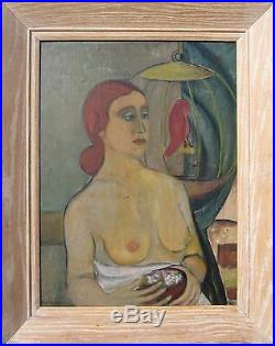 Vintage American Wi Expressionist MID Century Mod Redhead Nude Birdcage Painting