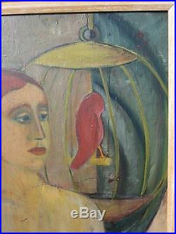 Vintage American Wi Expressionist MID Century Mod Redhead Nude Birdcage Painting