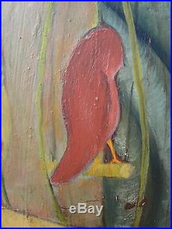 Vintage American Wi Expressionist MID Century Mod Redhead Nude Birdcage Painting