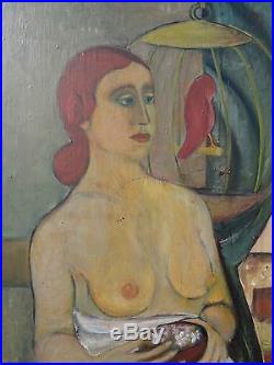 Vintage American Wi Expressionist MID Century Mod Redhead Nude Birdcage Painting