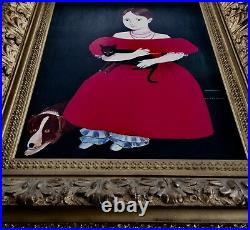 Vintage Americana Folk Art Girl In Red Dress Dog & Cat After Ammi Phillips $1.7m