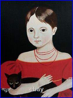 Vintage Americana Folk Art Girl In Red Dress Dog & Cat After Ammi Phillips $1.7m