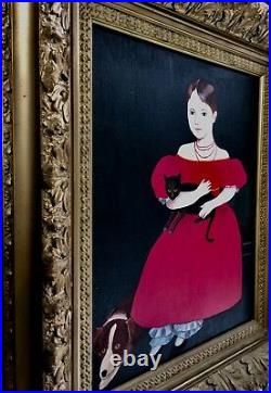 Vintage Americana Folk Art Girl In Red Dress Dog & Cat After Ammi Phillips $1.7m