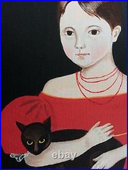 Vintage Americana Folk Art Girl In Red Dress Dog & Cat After Ammi Phillips $1.7m