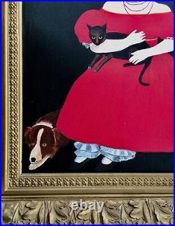 Vintage Americana Folk Art Girl In Red Dress Dog & Cat After Ammi Phillips $1.7m