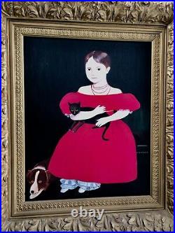 Vintage Americana Folk Art Girl In Red Dress Dog & Cat After Ammi Phillips $1.7m