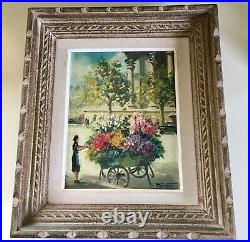 Vintage Andre Franchet Flower Cart View Of Paris Oil Painting In French Frame