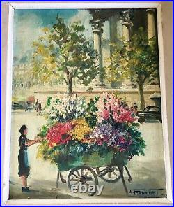 Vintage Andre Franchet Flower Cart View Of Paris Oil Painting In French Frame