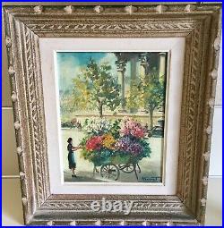 Vintage Andre Franchet Flower Cart View Of Paris Oil Painting In French Frame