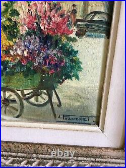 Vintage Andre Franchet Flower Cart View Of Paris Oil Painting In French Frame