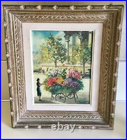 Vintage Andre Franchet Flower Cart View Of Paris Oil Painting In French Frame