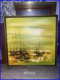Vintage Antique C. Roberts Painting Abstract Sailboats Signed Framed