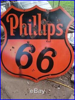 Vintage Antique Classic Phillips 66 Sign. 48 wide porcelain coated paint