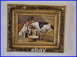 Vintage / Antique Framed 2 Dogs In A Stable Painting On Canvas Signed