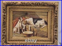 Vintage / Antique Framed 2 Dogs In A Stable Painting On Canvas Signed