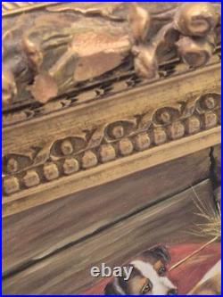 Vintage / Antique Framed 2 Dogs In A Stable Painting On Canvas Signed