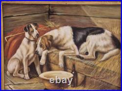 Vintage / Antique Framed 2 Dogs In A Stable Painting On Canvas Signed
