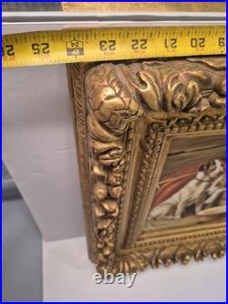 Vintage / Antique Framed 2 Dogs In A Stable Painting On Canvas Signed