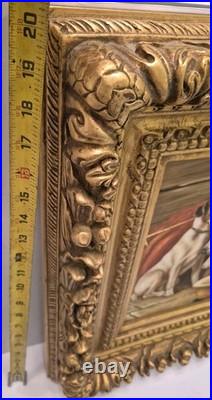 Vintage / Antique Framed 2 Dogs In A Stable Painting On Canvas Signed