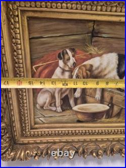 Vintage / Antique Framed 2 Dogs In A Stable Painting On Canvas Signed
