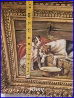 Vintage / Antique Framed 2 Dogs In A Stable Painting On Canvas Signed