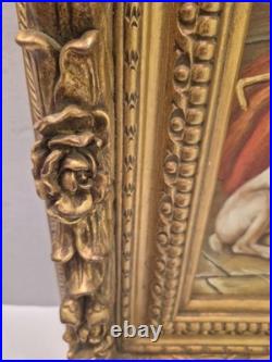 Vintage / Antique Framed 2 Dogs In A Stable Painting On Canvas Signed