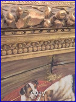 Vintage / Antique Framed 2 Dogs In A Stable Painting On Canvas Signed