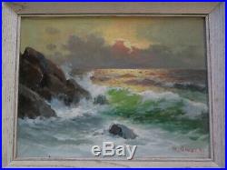 Vintage Antique Italy Italian Coastal Painting Sunset Beach Crashing Waves Sea