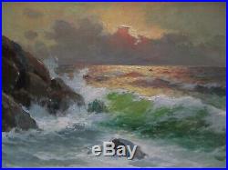 Vintage Antique Italy Italian Coastal Painting Sunset Beach Crashing Waves Sea