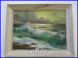 Vintage Antique Italy Italian Coastal Painting Sunset Beach Crashing Waves Sea