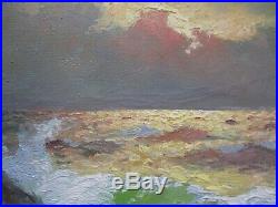 Vintage Antique Italy Italian Coastal Painting Sunset Beach Crashing Waves Sea