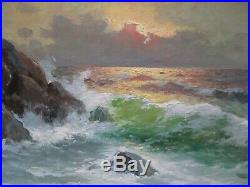 Vintage Antique Italy Italian Coastal Painting Sunset Beach Crashing Waves Sea