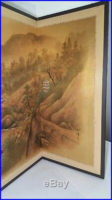 Vintage/Antique Japanese Painted Silk Screen 4-Panel Divider (Painting, Signed)