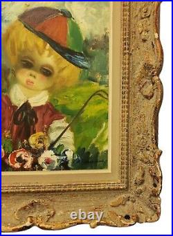 Vintage Antique Oil On Canvas Big Eyes Boy Painting Signed Framed