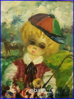 Vintage Antique Oil On Canvas Big Eyes Boy Painting Signed Framed