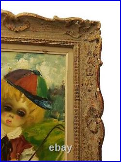 Vintage Antique Oil On Canvas Big Eyes Boy Painting Signed Framed
